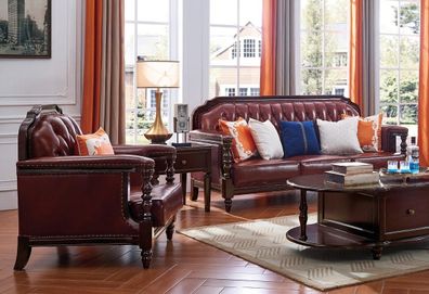 Klassische Chesterfield Barock Rokoko Möbel Couch Sofagarnitur 3 + 1 Ledergarnitur