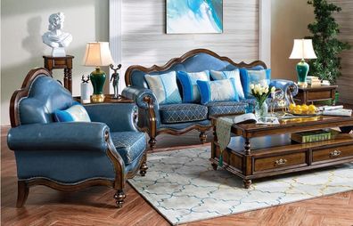 Blaue Barock Rokoko Chesterfield Sofagarnitur Couch Luxus Sofa 3 + 1 Sitz Garnitur