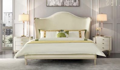 Klassisches Bett Schlafzimmer Möbel Nachttische 2x Komplettes Set Beige Hotel