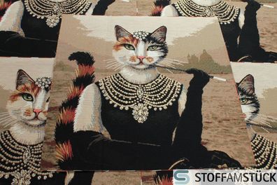 Stoff Kissen Panel Baumwolle Polyester Gobelin natur Katze 20er Jahre 47 cm