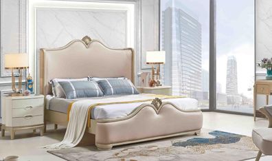 Bettgestell Betten Doppel Bettrahmen Holz Beige Bett Luxus Möbel Doppelbetten