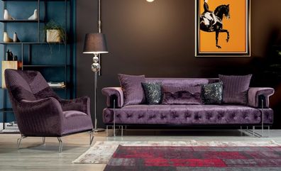 Lila Couch Sofa Garnitur 3 + 1 Sitz Chesterfield Wohnzimmer Polster Möbel
