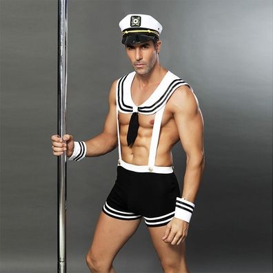Herren 4er Set Wetlook Clubwear Overall Bodysuit Marine Cosplay Kostüm Weiß