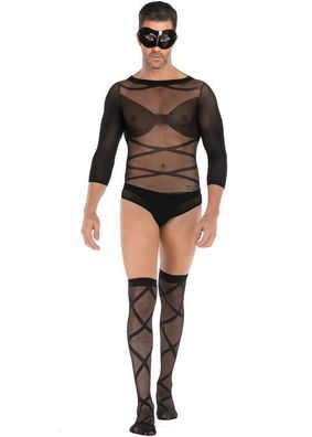 Herren Wetlook 3er Set Netz Bodysuit Fetisch Unterwäsche Strümpfe Cosplay Kostüm