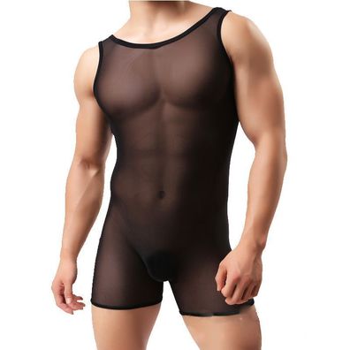 Herren Bodysuit Wetlook Transparen Overall Netz Sexy Schlafanzug Unterwäsche M L