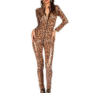 Damen Clubwear Ein Stück Haut Body Sexy Öffnen Gabelung Catsuit Leopard