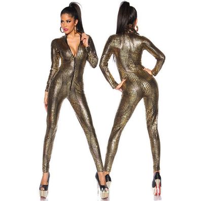 Damen Snake Print Bodysuit Ein Stück Haut Catsuit Pole Dance Clubwear Gold