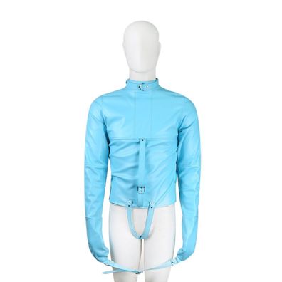 Herren Bodysuit PU Jacke Top Set Bondage Fetisch Clubwear Cosplay Kostüm Blau