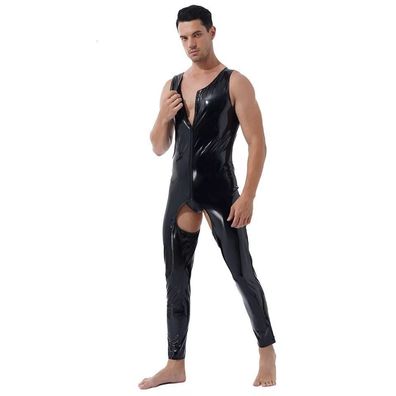 Herren Bodysuit PVC Wetlook Overall Clubwear Öffnen Gabelung Cosplay Kostüm