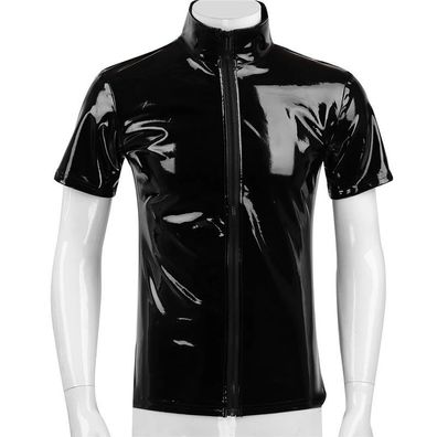 Herren Nachtclub T-shirt Glossy PVC Jacke Zipper Tops Clubwear Cosplay Kostüm