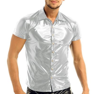 Herren Sexy T-shirts Clubwear Faux Leder Shiny Kurzarm Tops Silber