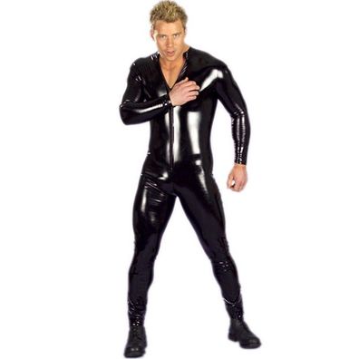 Herren V-Ausschnitt Overall Wetlook Bodysuit Strumpfhosen Slim Fit Catsuit Schwarz