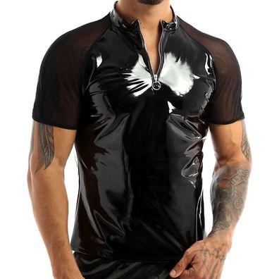 Herren Wetlook Latex PVC Tshirt Zipper Raglanärmel Clubwear Cosplay Glanz Shirt S-5XL