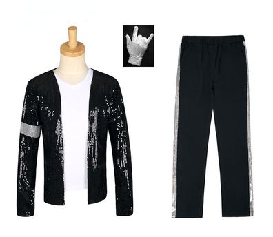 Herren 3er Set Michael Jackson Billie Jean Jacke Pants Gloves Tanzen Show Cosplay