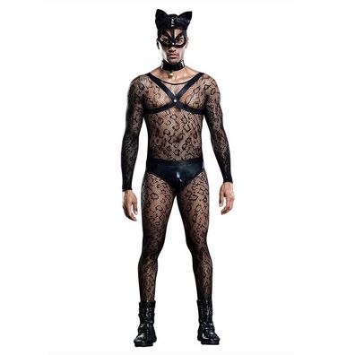 Herren 6er Set Catsuit Wetlook Nachtclub Outfits Aushöhlender Cosplay Kostüm