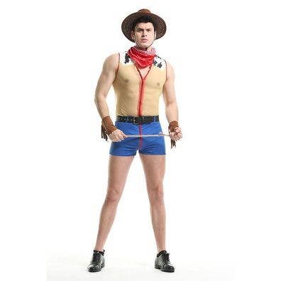 Herren 6er Set Net Body Catsuit Halloween Outfits Cowboy Clubwear Cosplay Kostüm