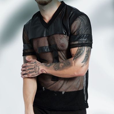Sexy Herren Fischnetz PU Leder Mesh T-Shirts V-Ausschnitt Kurzarm Shirt Crop Tops