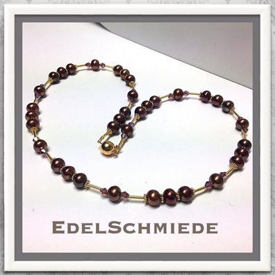 Edelschmiede925 Perlenkette braun mit 925 Silber verg. Elementen