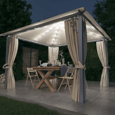 vidaXL Pavillon mit Vorhängen & LED-Lichterkette 300x300 cm Creme Alu