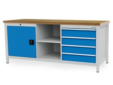 Kastenwerkbank 2000x750x959 mm mit 4 Schubladen, 1 Flügeltür mit Boden und 2 Fachb...