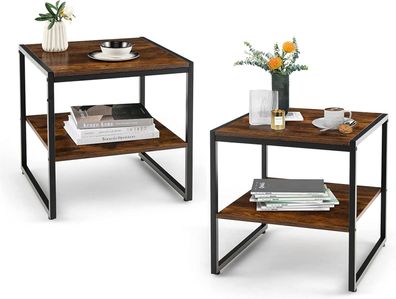 2er Set Beistelltisch, 2 Ebenen Couchtisch mit Metallrahmen, Nachttisch industriell