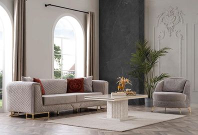 Luxus Sofagarnitur Sofa Beige Sofas Sessel 3 + 1 Sitzer Stoff Design