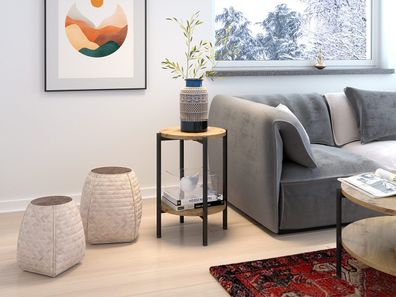 Couchtisch Tamaba D01 Tisch mit Metallfüße und Ablagen Industriell Rund Tisch