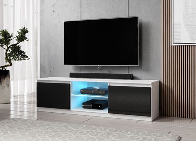 FURNIX Lowboard ARENAL TV-Schrank modern 160 cm mit LED Weiß - Schwarz Glanz