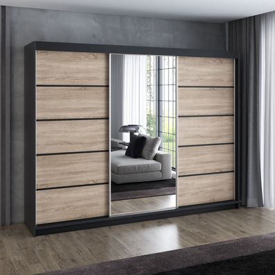 Kleiderschrank VILUNO 2 200 cm-Schwebetürenschrank mit Spiegel, 3 Türen, 4 Schubladen