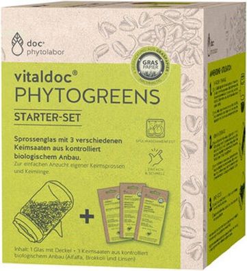 vitaldoc® Phytogreens Keimsaat - Starterset, Sprossenglas + 3x Samen Bio