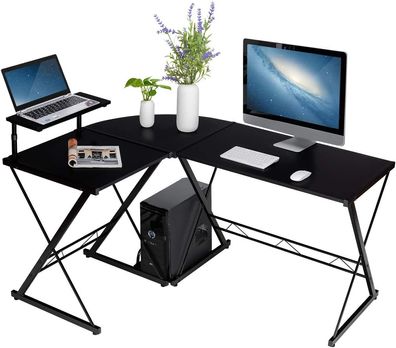 L-Förmiger Computertisch aus Holz, Eckschreibtisch mit Monitorständer & Ablagefach