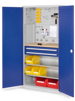 Arbeitsplatzschrank 1950x1000x600 mm mit Lochplatten und 2 Schubladen Enzianblau