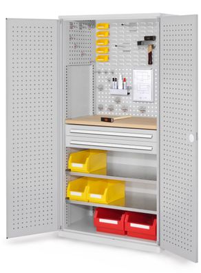 Arbeitsplatzschrank 1950x1000x600 mm mit Lochplatten und 2 Schubladen Lichtgrau