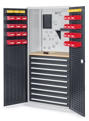 Arbeitsplatzschrank 1950x1000x600 mm mit Schlitzplatten und 9 Schubladen Anthrazit