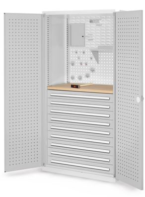 Arbeitsplatzschrank 1950x1000x600 mm mit Lochplatten und 9 Schubladen Lichtgrau