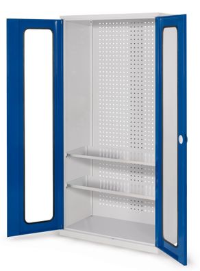 Werkzeugschrank 1950x1000x500 mm mit Sichtfenstertüren und 2 Böden Enzianblau