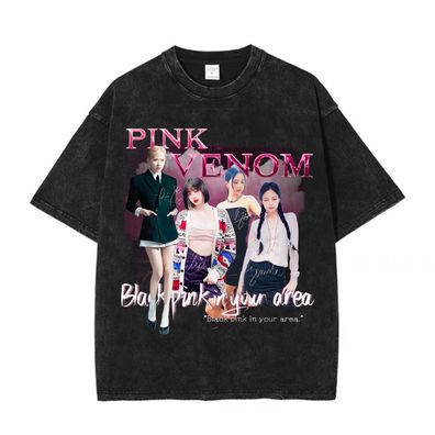 Kpop Blackpink Periphery Damen T-shirt Vintage Kurzarm Top Rose Lisa Pink Venom