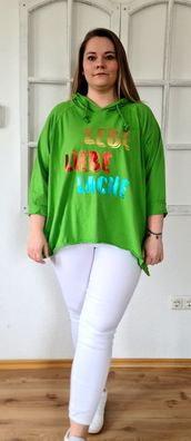 Damen Italy Sweatshirt Kapuze Hoody "Lebe Liebe Lache" oversize Gr. 40-44 Grün