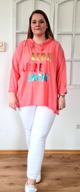 Damen Italy Sweatshirt Kapuze Hoody "Lebe Liebe Lache" oversize Gr. 40-44 Koralle