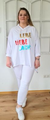 Damen Italy Sweatshirt Kapuze Hoody "Lebe Liebe Lache" oversize Gr. 40-44 Weiss