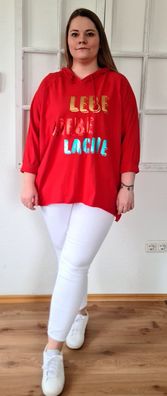Damen Italy Sweatshirt Kapuze Hoody "Lebe Liebe Lache" oversize Gr. 40-44 Rot