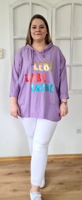 Damen Italy Sweatshirt Kapuze Hoody "Lebe Liebe Lache" oversize Gr. 40-44 Flieder