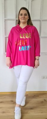 Damen Italy Sweatshirt Kapuze Hoody "Lebe Liebe Lache" oversize Gr. 40-44 Pink