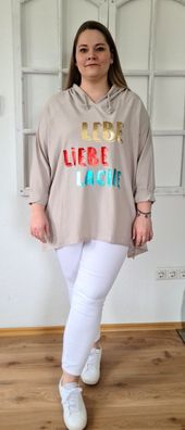 Damen Italy Sweatshirt Kapuze Hoody "Lebe Liebe Lache" oversize Gr. 40-44 Beige
