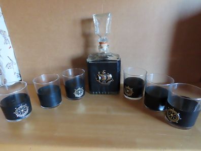 Whiskyset Karaffe + 6 Gläser mit Kunstleder abnehmbar schwarz Schiff