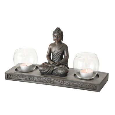 FeineHeimat Windlicht Buddha Figur sitzend 17x32 cm mit 2 Windlichtern