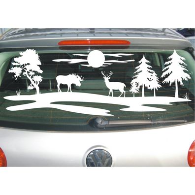 Aufkleber Hirsch Elch Landschaft Feld Bäume Wiese Reh Sonne Baum Sticker Folie