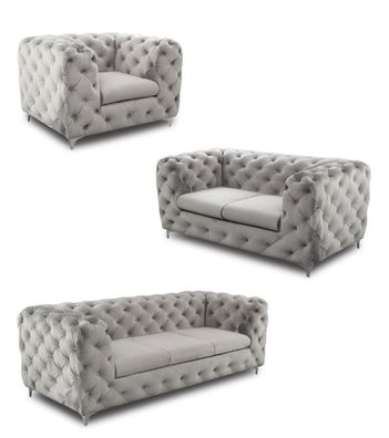 Chesterfield Sofagarnitur Couch Sofa Set Samt Graue Couchen Sitzmöbel