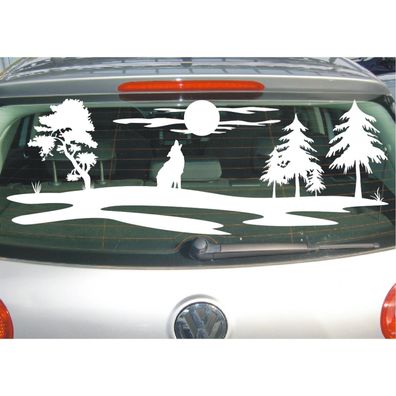 Aufkleber Wolf heult Landschaft Feld Wiese Bäume Mond an Baum Sticker Folie