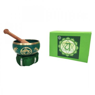 Klangschalen Set „Anahatam Chakra“ Messing grün mit Klöppel & Kissen 10cm ca. 330g